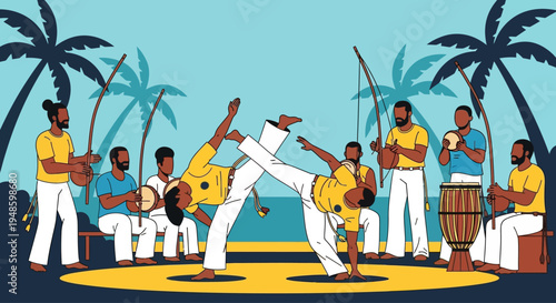 Capoeira performance on tropical beach with palm trees and musicians playing instruments