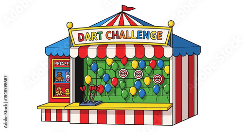 Carnival Dart Challenge Game Booth with Balloons and Prizes