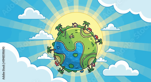 Cartoon Earth with Houses, Palm Trees, and Clouds in Sunny Sky