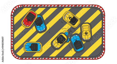 Cartoon Car Crash Scene with Yellow and Blue Cars on Hazard Stripes Background