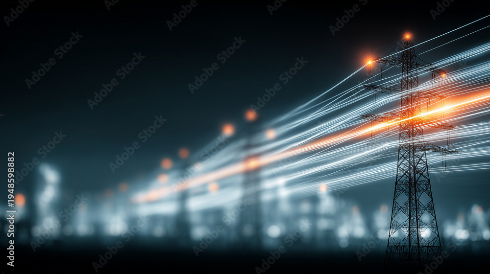 Obraz premium Electric transmission towers with flowing energy lines representing power distribution grid infrastructure and modern electricity supply systems. 