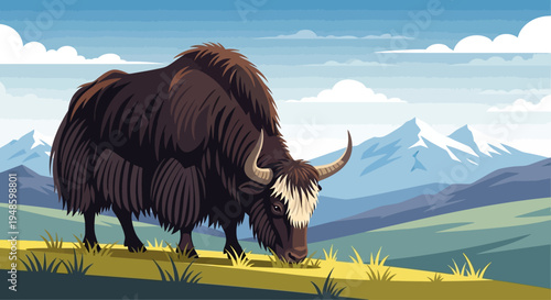 Majestic Yak Grazing in a Lush Mountain Meadow with Snow-Capped Peaks