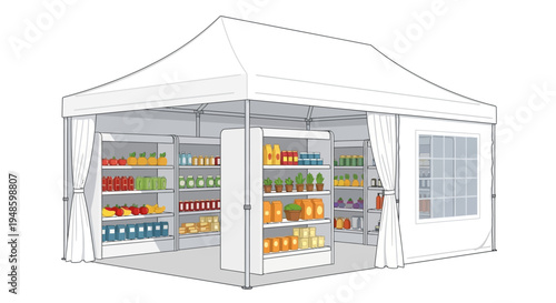 Outdoor market stall with shelves full of fresh produce and groceries under a white tent.