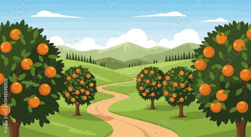 Orange Grove Landscape with Winding Path and Rolling Hills