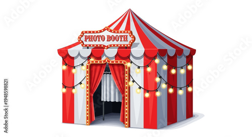 Retro Photo Booth Tent with String Lights and Red Curtains at Carnival or Fair