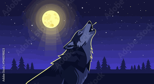 Pixel Art Wolf Howling at Full Moon Under Starry Night Sky, Forest Silhouette