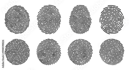 Set of 8 Unique Fingerprint Icons, Abstract Spiral Patterns, Identity and Security Concept