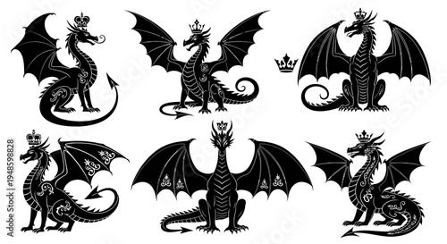 Set of Black Dragon Illustrations with Crowns, Mythical Creatures Collection