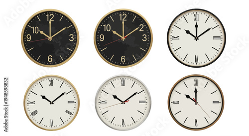 Set of Six Assorted Wall Clocks, Modern and Classic Designs, Timekeeping Collection