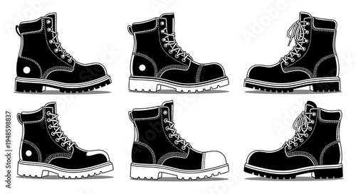 Set of Black Work Boots, Safety Shoes, Industrial Footwear, Construction Gear