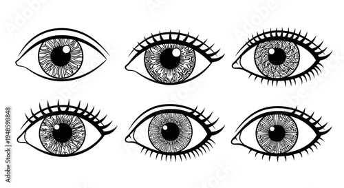 Set of Six Stylized Black and White Eyes with Detailed Iris Patterns