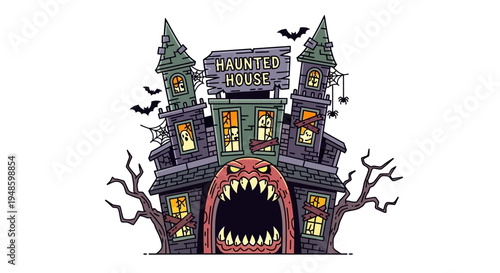Spooky Haunted House with Monster Mouth Entrance and Bats Flying