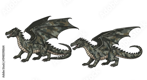 Two Pixel Art Dragons with Camouflage Pattern, Fantasy Creatures, Digital Art