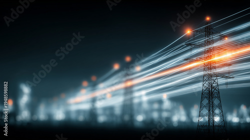 Electric transmission towers with flowing energy lines representing power distribution grid infrastructure and modern electricity supply systems.
