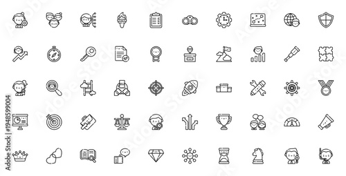 Leadership icon set. Vector icons for management, team, goal, success, strategy, award, and more. Editable thin line illustration.