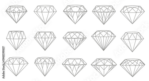 Collection of Diamond Facet Diagrams and Line Art Illustrations.