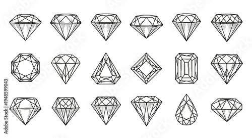 Collection of Hand Drawn Diamond Gemstone Illustrations.
