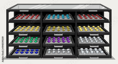 Display case filled with colorful gemstones and jewelry.