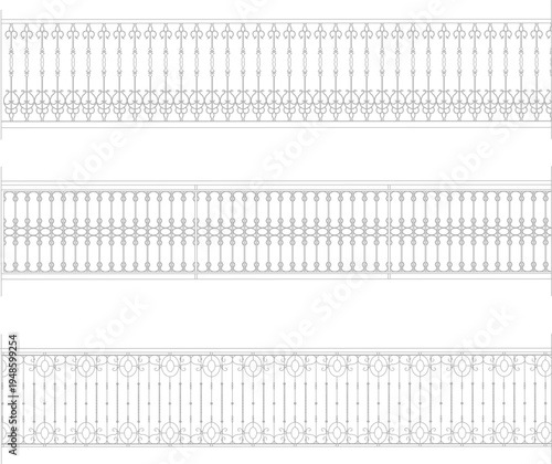 Technical architectural detail drawings showing three decorative railing designs with fleur-de-lis finials, classical balusters and ornamental circular motifs with vertical bars.