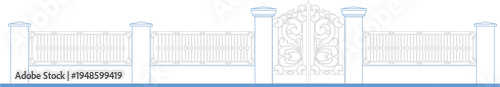 Technical architectural elevation showing decorative fence or railing with ornate scrollwork panels, vertical posts with caps and repeating fence sections.