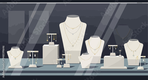 Elegant Jewelry Displayed on Mannequins in a Store Window.