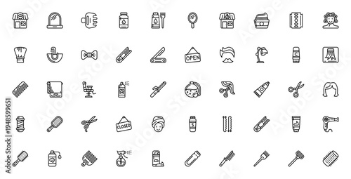 Hair Salon icon set. Barber shop vector icons pack. Minimal line icons including scissors, comb, hair dryer, razor, chair, mirror, dye, brush and more. Editable stroke.