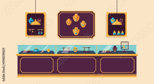 Elegant Jewelry Store Display Case with Luxurious Ornaments.