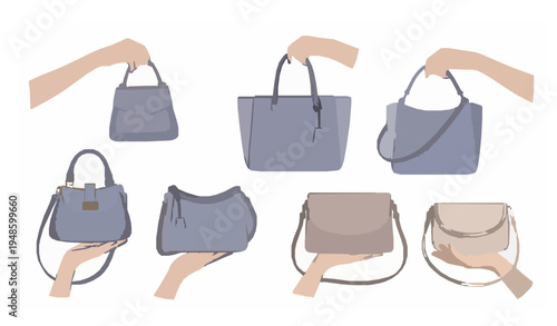 Women hands holding trendy handbags fashion purse accessories vector set