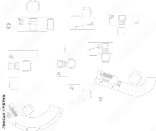 Technical architectural furniture blocks showing various office desks, swivel chairs, computer workstations and reception counters in 2D top-down plan view line drawings