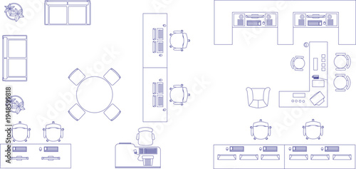 Technical architectural furniture blocks showing interior elements like sofas, beds, dining tables, office desks and entertainment units in blue line work for floor plans.
