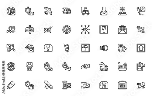 Postal Service icon set. Vector illustration pack featuring delivery truck, plane, cargo ship, letter, package, stamp, mailbox, barcode and more. Editable stroke.