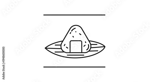 Onigiri Rice Ball on Leaf Plate, Japanese Food Icon, Simple Line Art