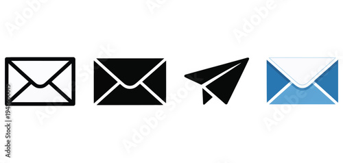 Collection of diverse communication icons featuring various stylized email envelopes and a paper airplane vector graphic elements.