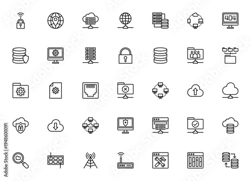 Data and Network icon set. Vector symbols for wireless, server, cloud, security, database, router, and more. Editable thin line illustrations.