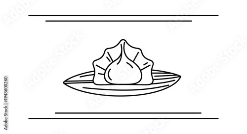 Simple Line Art Icon of a Dumpling on a Plate