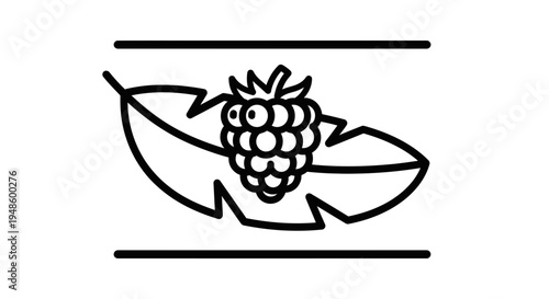 Simple Line Art Icon of a Raspberry on a Leaf, Minimalist Design