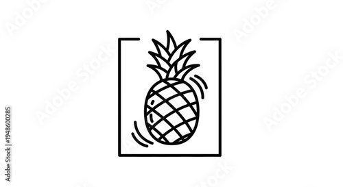 Simple Line Art Icon of a Pineapple in a Square Frame, Minimalist Tropical Fruit Graphic