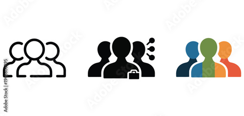 Vector graphic illustration showing multiple group icon variations for team, business, and social networking concepts design elements.