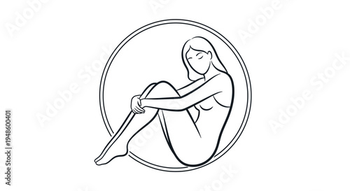 Minimalist Line Art of a Woman in a Contemplative Pose Inside a Circle