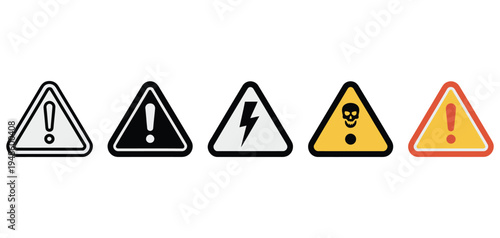 Collection of diverse warning caution alert danger and electricity hazard vector sign icons graphic design elements set.