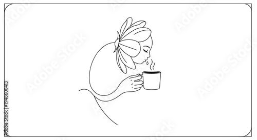 Minimalist line art of a woman enjoying a hot drink, flower in hair