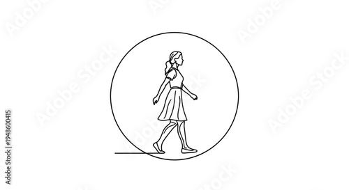 Minimalist Line Art of a Woman Walking Inside a Circle
