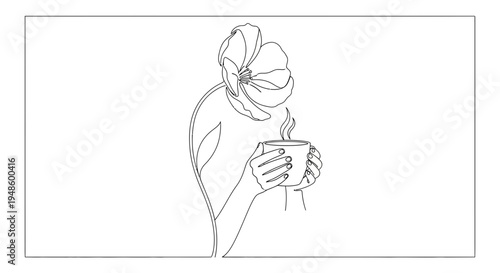 Minimalist line art of a woman with a flower head holding a steaming cup of coffee.