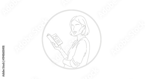 Minimalist line art of a young woman reading a book in a circle, symbolizing education and knowledge.
