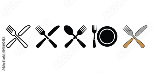 Different vector graphic illustrations depicting restaurant cutlery, including crossed forks, knives, spoons, and a simple dining plate design.
