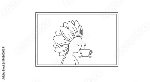 Minimalist Line Art: Woman with Flower Hair Enjoys Coffee