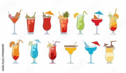 Tropical cocktail drinks vector set margarita pina colada cosmopolitan beach party illustration