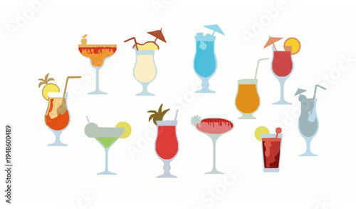 Summer tropical cocktail collection vector margarita blue lagoon pina colada drinks set