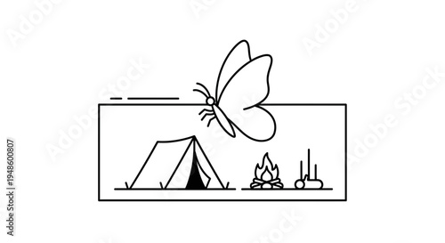 Minimalist Line Art: Butterfly Over Campsite with Tent and Campfire