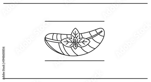 Minimalist Line Art Icon of a Salmon Fillet with Basil Leaf